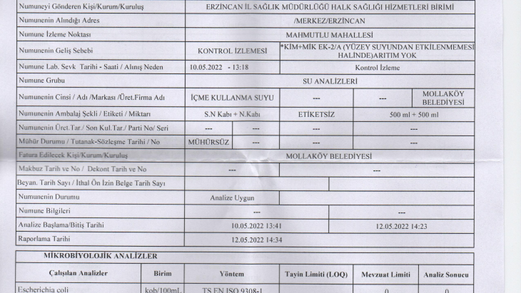 10.05.2022 TARİHİNE AİT BELDEMİZ SINIRLARI İÇERİSİNDE KULLANMIŞ OLDUĞUMUZ İÇME SUYU ANALİZ RAPORU