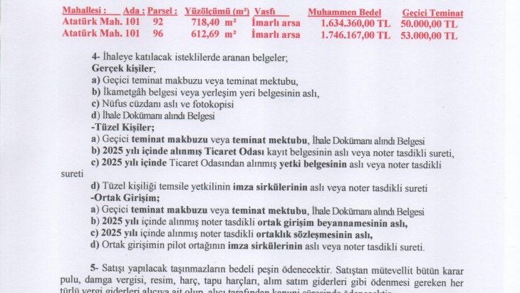 BELEDİYEMİZ AİT ARSALARIN SATIŞI YAPILACAKTIR.