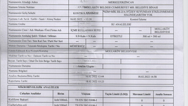 SU ANALİZ SONUÇLARI